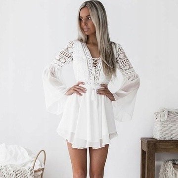 SUKIENKA BOHO WIĄZANY DEKOLT ZWIEWNA BIAŁA S 36