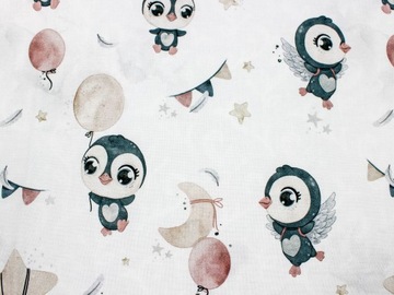 Tkanina 100% Bawełna Premium Dream Penguins Biel