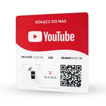 Tabliczka płytka z kodem NFC i QR do strony kanału YouTube kolorowy nadruk