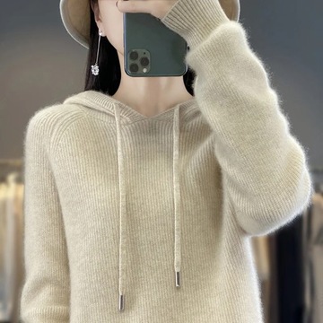 100% Merino Wool Sweater Slim Hooded Women Clothin