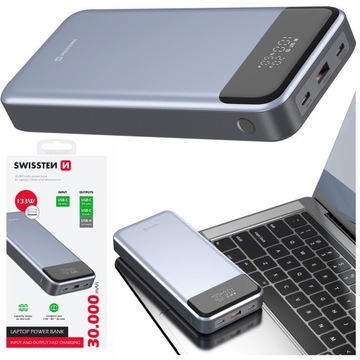 SWISSTEN POWERBANK do laptopa telefonu 30000 mAh PD QC 133W 2x USB-C USB-A