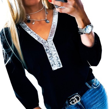 . ELEGANCKA BLUZKA LUŹNA Z CEKINAMI Z WSTAWKĄ DUŻE ROZMIARY PLUS SIZE
