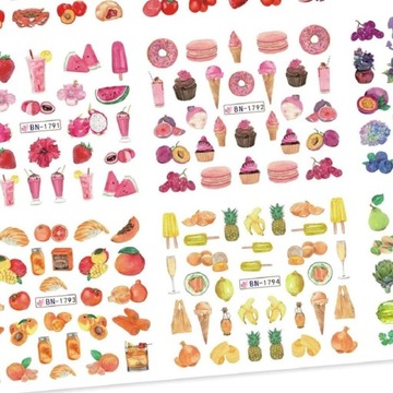 ВОДНЫЕ НАКЛЕЙКИ для украшения ногтей, лист из 12 рисунков, летние фруктовые украшения