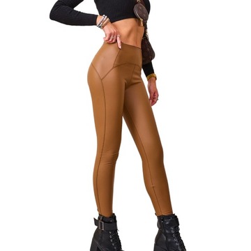 L793 CAMEL BRĄZOWE EKO-SKÓRZANE LEGGINSY S/M - 37