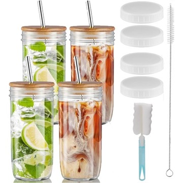 SZKLANE KUBKI Z POKRYWKĄ I SŁOMKĄ, ZESTAW 4 SZT SZKLANEK DO PICIA, 720 ML