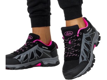 OBUWIE TREKKINGOWE DAMSKIE SOFTSHELL CZARNE SZNUROWANE RÓŻOWE DODATKI r 41