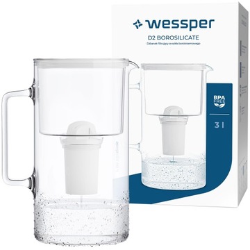 SZKLANY DZBANEK WESSPER D2 BOROSILICATE AQUACLASSIC 3l + 1x Filtr Wkład