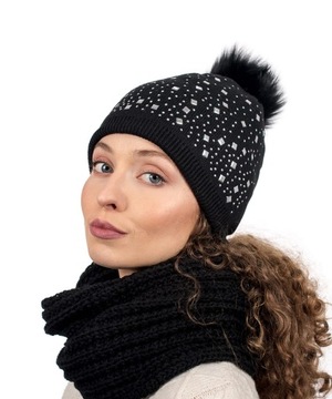 Komplet Czapka Komin Cyrkonie Pompon Komin Gruby Szal Czarny