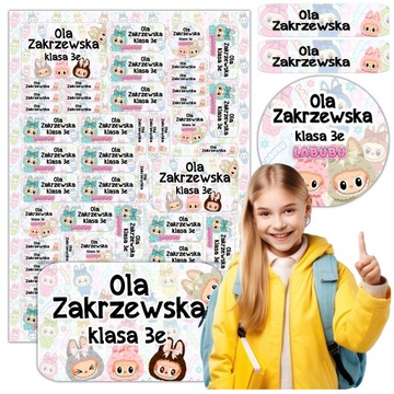 NAKLEJKI SZKOLNE IMIENNE NA ZESZYTY PRZYBORY LABUBU MIX WZORÓW 53szt.