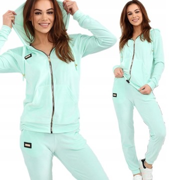 DRES DAMSKI KOMPLET WELUROWY SPODNIE BLUZA ZAMEK KOBIECY 44 2XL MIĘTOWY