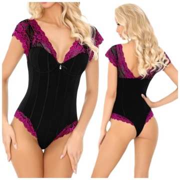 Zmysłowe body czarne z różową koronką L/XL
