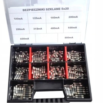 ZESTAW BEZPIECZNIKI SZKLANE 5 x 20 mm mA 200 szt