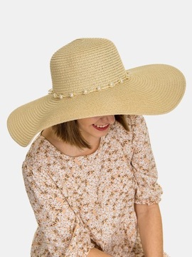 Duży kapelusz damski letni plażowy słomkowy elegancki perełki beżowy