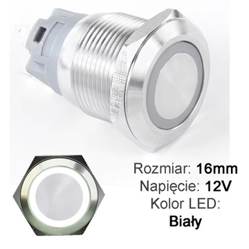 Przycisk włącznik przełącznik wandaloodporny 16mm, 12V, LED Biały ST