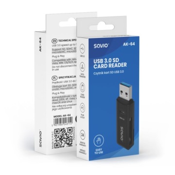 Картридер SAVIO SD, USB 3.0, 5 Гбит/с, АК-64