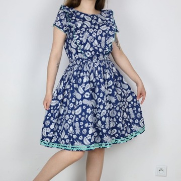 sukienka bawełna niebieska owoce Monsoon S 36 M 38