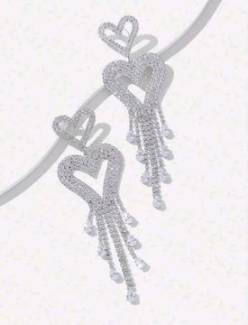 Kolczyki srebrne wiszące długie duże serca z frędzlami z cyrkoniami