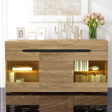 Комод LED, 3 дверцы, 3 ящика 140*35*80 см ДУБ