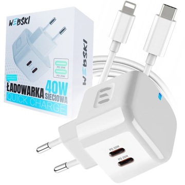 MOCNA SZYBKA ŁADOWARKA SIECIOWA 2xUSB-C 40W PD QC 3.0 Ładuje dwa urządzenia