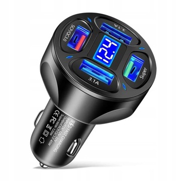 БЫСТРОЕ АВТОМОБИЛЬНОЕ ЗАРЯДНОЕ УСТРОЙСТВО 4x USB QC 66 Вт + 3 В 1 USB C МИКРОКАБЕЛЬ ДЛЯ ОСВЕЩЕНИЯ
