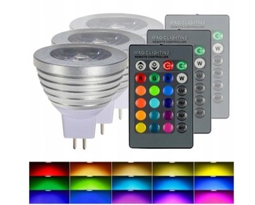 3x Żarówka LED MR16 KOLORÓW RGB 3W ALUMINUM PILOT