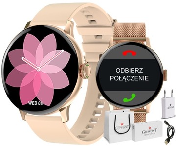 SMARTWATCH ZEGAREK DAMSKI ZŁOTY ROZMOWY CIŚNIENIE POGODA 2 PASKI +ŁADOWARKA