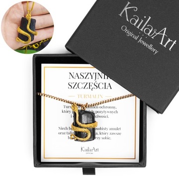 NASZYJNIK CZARNY TURMALIN ZŁOTY Z KAMIENIEM + PUDEŁKO + KARTECZKA GRATIS