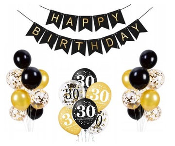 Balony z banerem Happy Birthday na 30stkę Urodziny