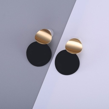 Kolczyki eleganckie złote czarne wiszące okrągłe pastylki koła kółka drops