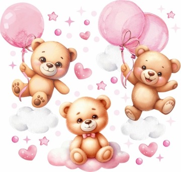 NAKLEJKI NA ŚCIANĘ MISIE BALONY PASTELOWY RÓŻ MIŚ 100x100cm MC34