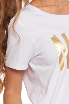 Koszulka Damska T-Shirt Bawełniana ze Złotym Błyszczącym Nadrukiem MORAJ S