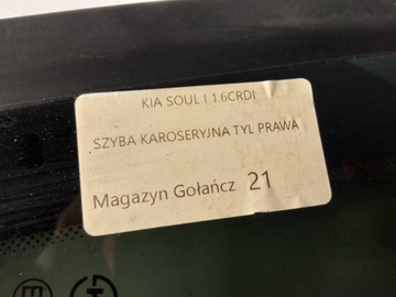 KIA SOUL I SKLO (OKNO) KAROSERIE PRAVÝ ZADNÍ
