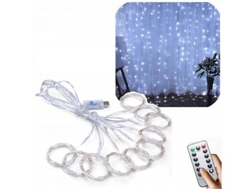 KURTYNA ŚWIETLNA LED DRUCIK USB LAMPKI SOPLE PILOT USB BIAŁY ZIMNY 3X3M