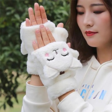 Winter Cat Rabbit Mittens Fingerless Gloves Thick Soft Plush Winter Warm
