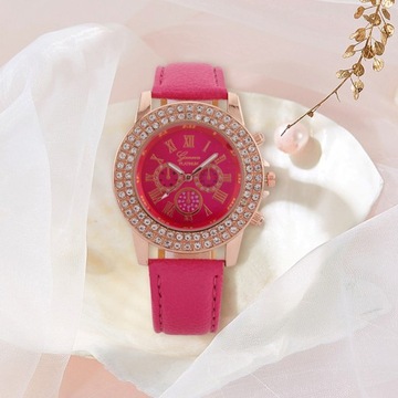 Women Quartz Watch Round Dial Rhinestone Roman Number