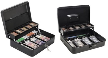 Металлический денежный ящик, банкноты, монеты, монеты, ключи от сейфа