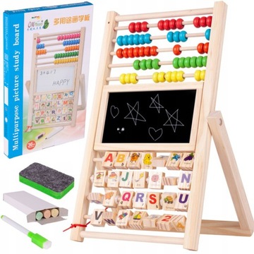 DREWNIANA TABLICA KREDOWA DWUSTRONNA EDUKACYJNA LICZYDŁO ALFABET +AKCESORIA