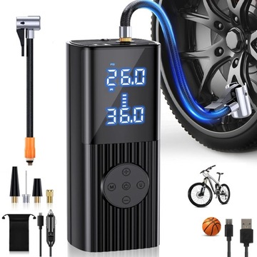 KOMPRESOR POMPKA DO OPON SAMOCHODOWYCH ROWERU MOTOCYKL LCD USB 6000mAh MINI