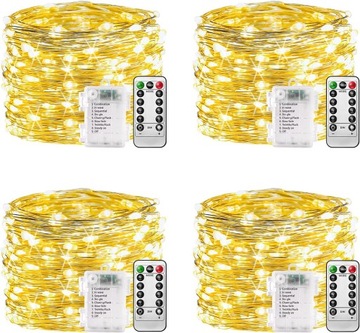 95.OŚWIETLENIE LED ŁAŃCUCH 10M NA BATERIĘ 8 TRYBÓW PILOT BARWA CIEPŁA 4 SZT