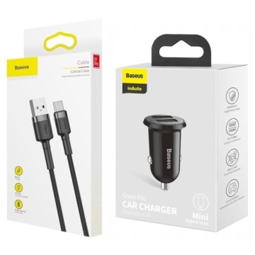 Быстрое автомобильное зарядное устройство 5В 2,4А + мощный кабель USB-C 2м Baseus 12/24В