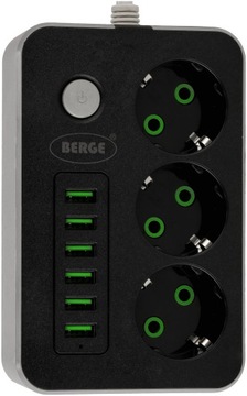 УДЛИНИТЕЛЬНЫЙ РАЗЪЕМ ПИТАНИЯ 3 РОЗЕТКИ + 6x USB 1 м С ЗАЗЕМЛЕНИЕМ