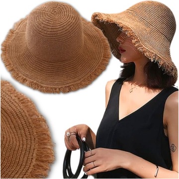 Kapelusz beżowy słomiany przeciwsłoneczny damski słomkowy LETNI PLAŻOWY Hat