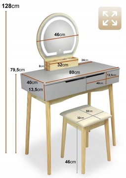 TOALETKA z LUSTREM i TABORETEM drewniana OŚWIETLENIE LED szara KOSMETYCZNA