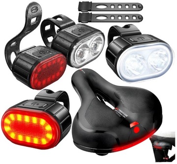 ZESTAW ROWEROWY OŚWIETLENIE LED AKUMULATOR WYGODNE SIODEŁKO PIANKA ODBLASK