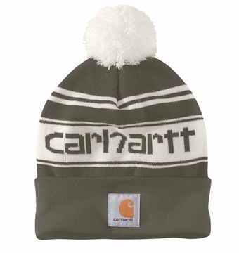 Kolorowa Zimowa Czapka Carhartt Knit Pom-Pom Cuffed Logo / Red Winter White