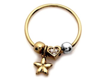 Złoty pierścionek 585 z kulkami z sercem z wiszącym kwiatkiem r8 na prezent