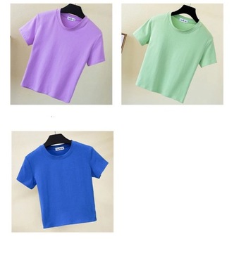 Green Crop Top T-Shirt Female Solid Cotton O-Neck