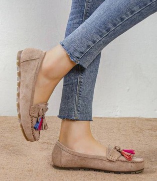 BALERINY DAMSKIE ZAMSZ MOKASYNY CHWOSTY BEŻOWE 38