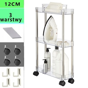 REGAŁ ŁAZIENKOWY NA KÓŁKACH WYSOKI 3 PÓŁKI 12CM AKRYLOWY PRZEZROCZYSTY