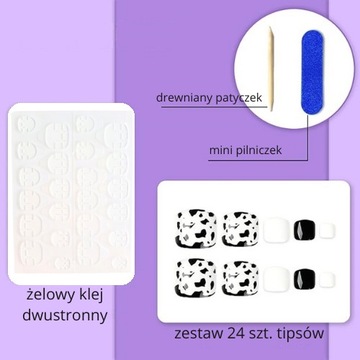 PAZNOKCIE SZTUCZNE TIPSY DO STÓP SAMOPRZYLEPNE NA STOPY BIAŁE CZARNE 24SZT